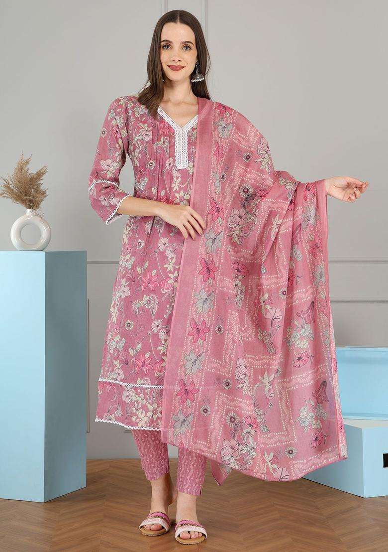 Beige Printed Cotton Kurta Set - Indya