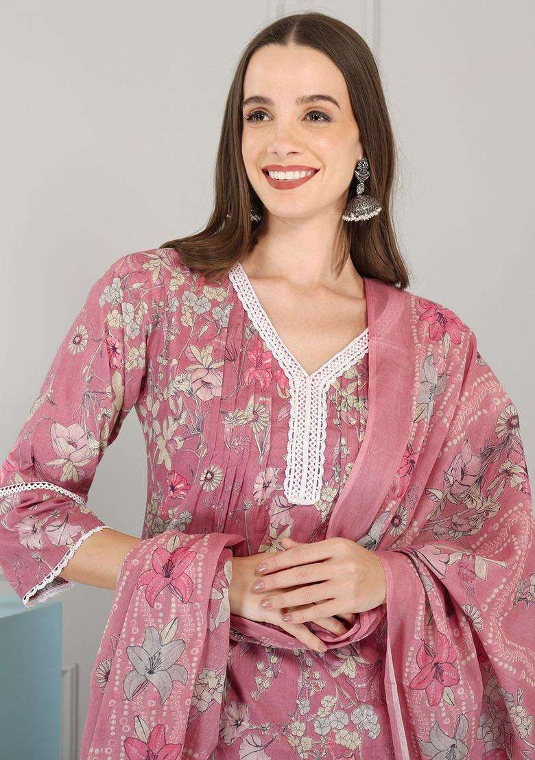 Beige Printed Cotton Kurta Set - Indya