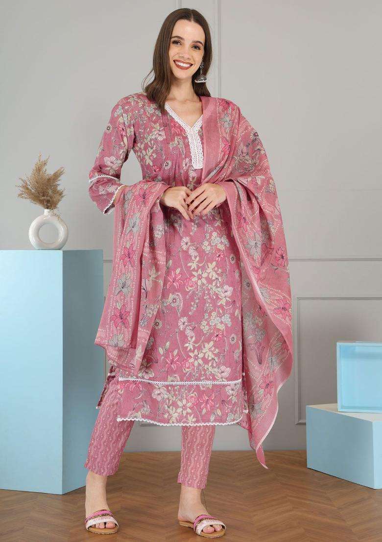 Beige Printed Cotton Kurta Set - Indya