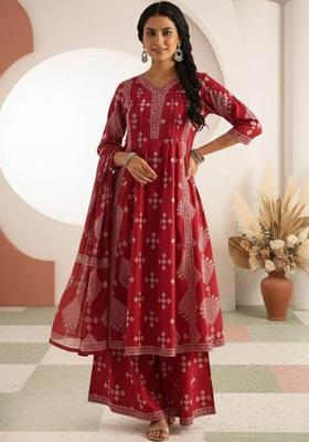 Red Printed Cotton Kurta Set