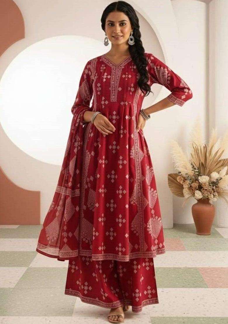 Red Printed Cotton Kurta Set - Indya