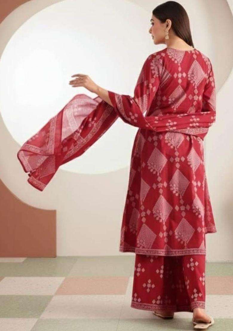 Red Printed Cotton Kurta Set - Indya