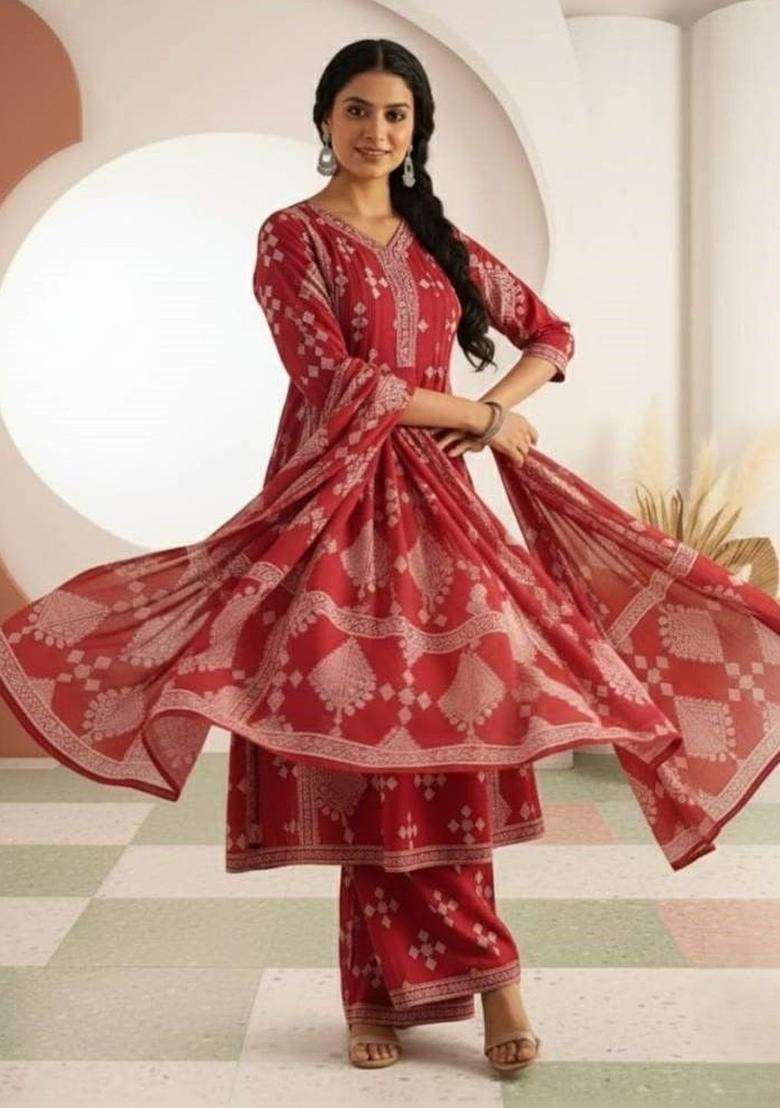 Red Printed Cotton Kurta Set - Indya