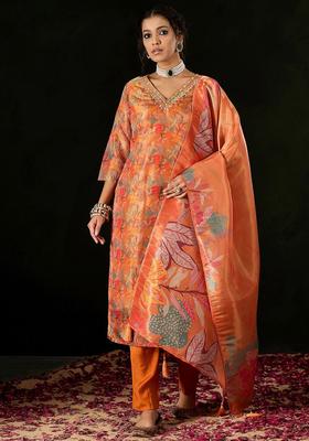 Orange Printed Silk Kurta Set
