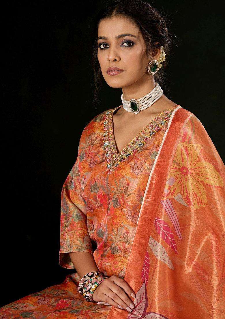 Orange Printed Silk Blend Kurta Set - Indya