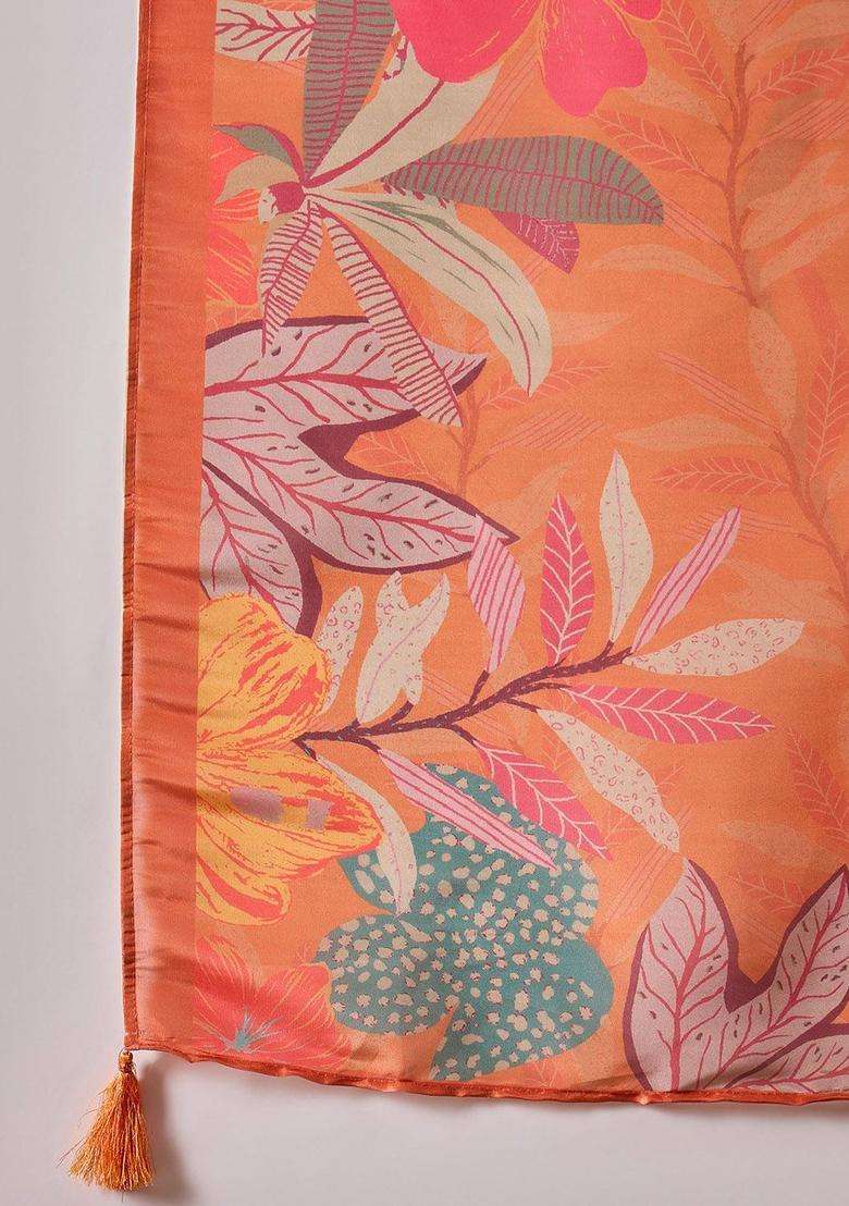 Orange Printed Silk Blend Kurta Set - Indya