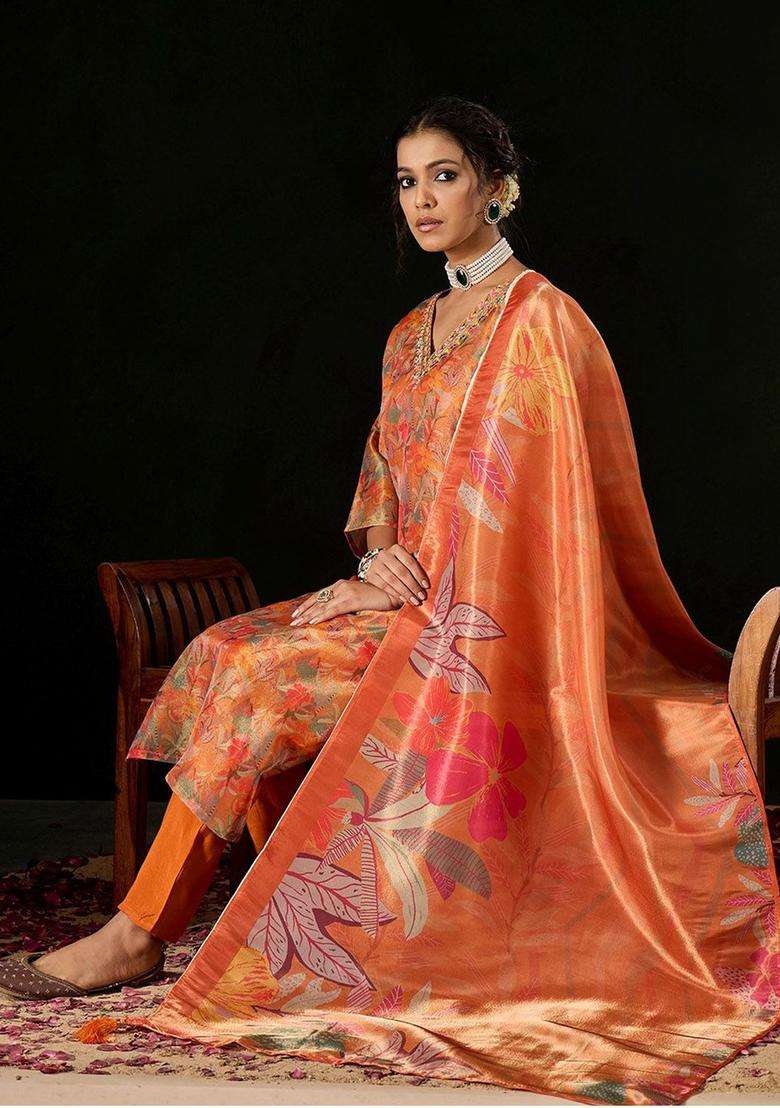 Orange Printed Silk Blend Kurta Set - Indya