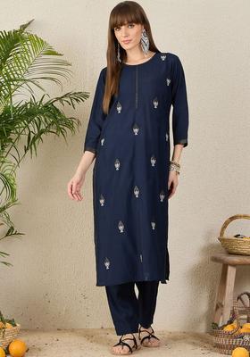 Navy Blue Embroidered Silk Kurta Set
