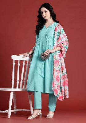 Blue Solid Cotton Kurta Set