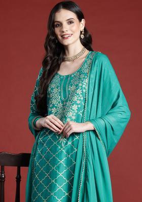 Green Printed Polyester Kurta Set