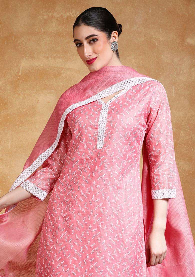 Coral Embroidered Cotton Kurta Set - Indya