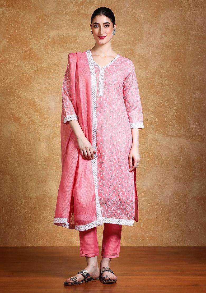 Coral Embroidered Cotton Kurta Set - Indya
