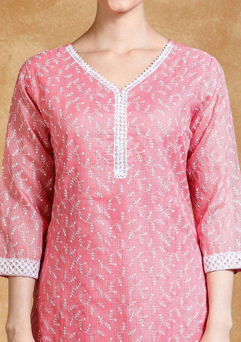 Coral Embroidered Cotton Kurta Set - Indya