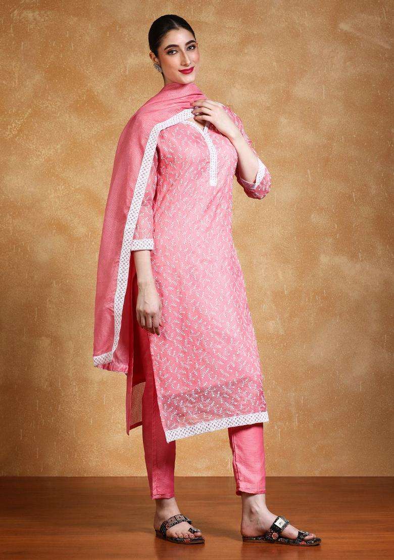 Coral Embroidered Cotton Kurta Set - Indya