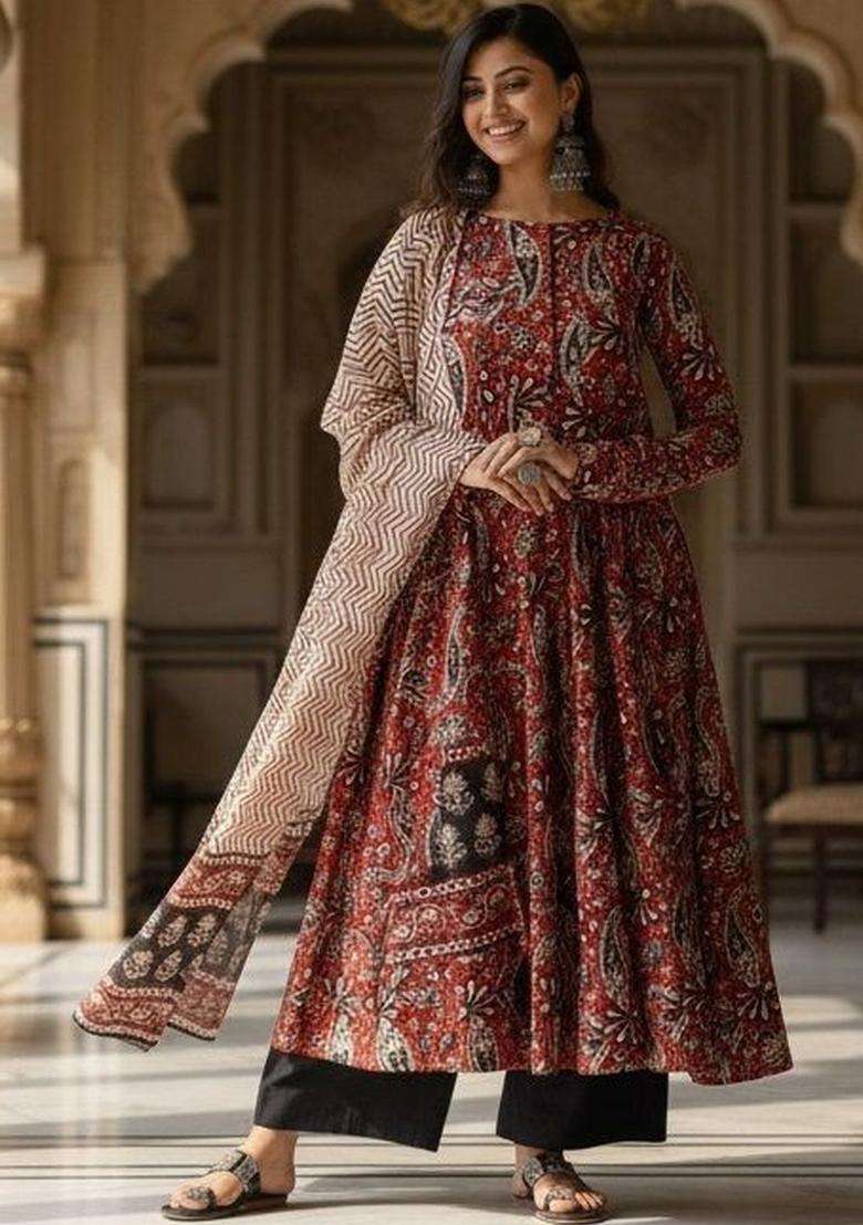 Red Printed Viscose Anarkali Set - Indya