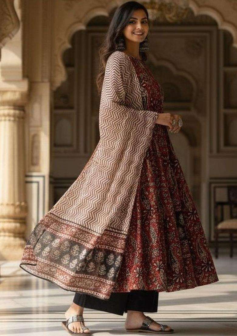 Red Printed Viscose Anarkali Set - Indya