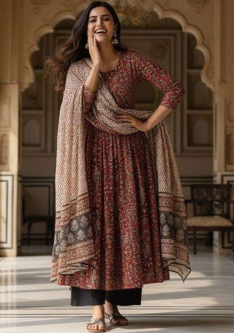 Red Printed Viscose Anarkali Set - Indya