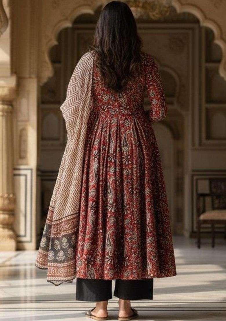 Red Printed Viscose Anarkali Set - Indya