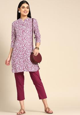 Burgundy Printed Cotton Kurta Set