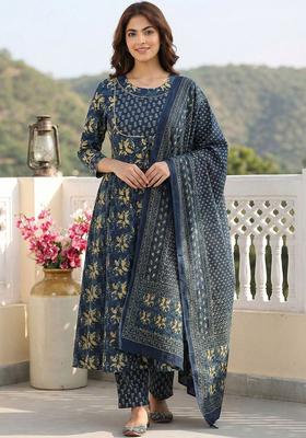 Navy Blue Printed Cotton Kurta Set