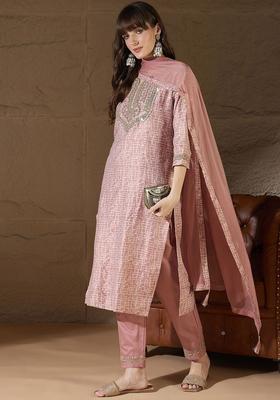 Peach Printed Cotton Kurta Set