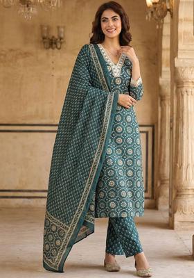 Teal Printed Cotton Kurta Set