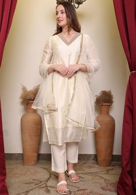 Cream Embroidered Cotton Kurta Set