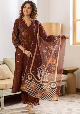 Brown Printed Viscose Kurta Set