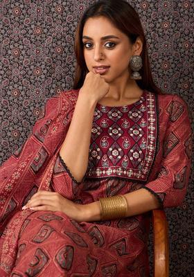 Rust Printed Cotton Kurta Set
