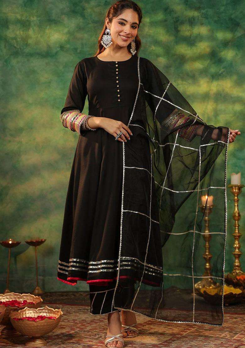 Black Solid Viscose Anarkali Set - Indya