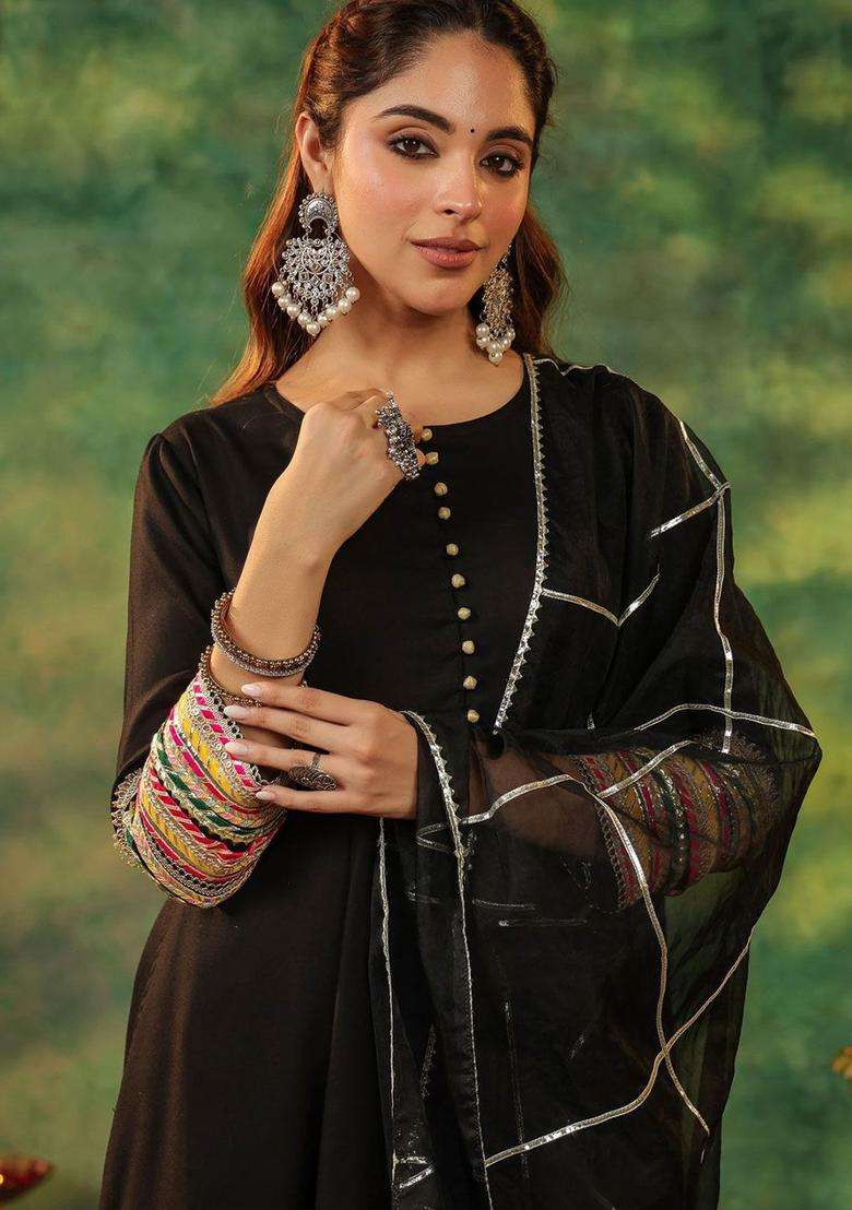 Black Solid Viscose Anarkali Set - Indya