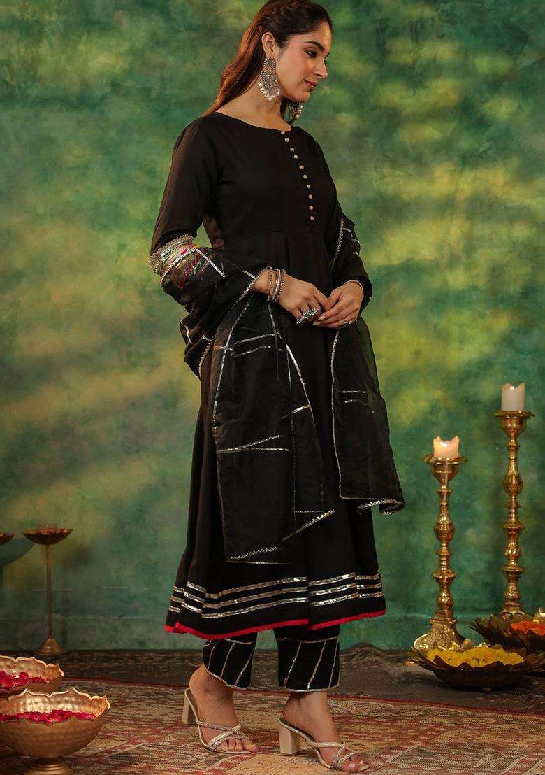 Black Solid Viscose Anarkali Set - Indya
