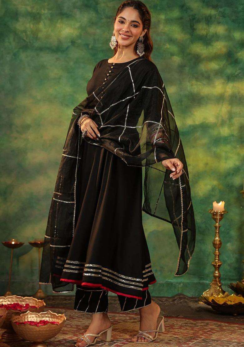 Black Solid Viscose Anarkali Set - Indya
