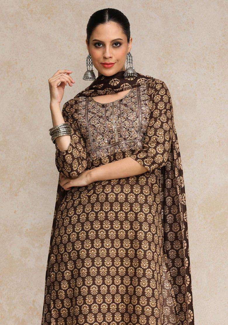 Brown Printed Cotton Kurta Set - Indya