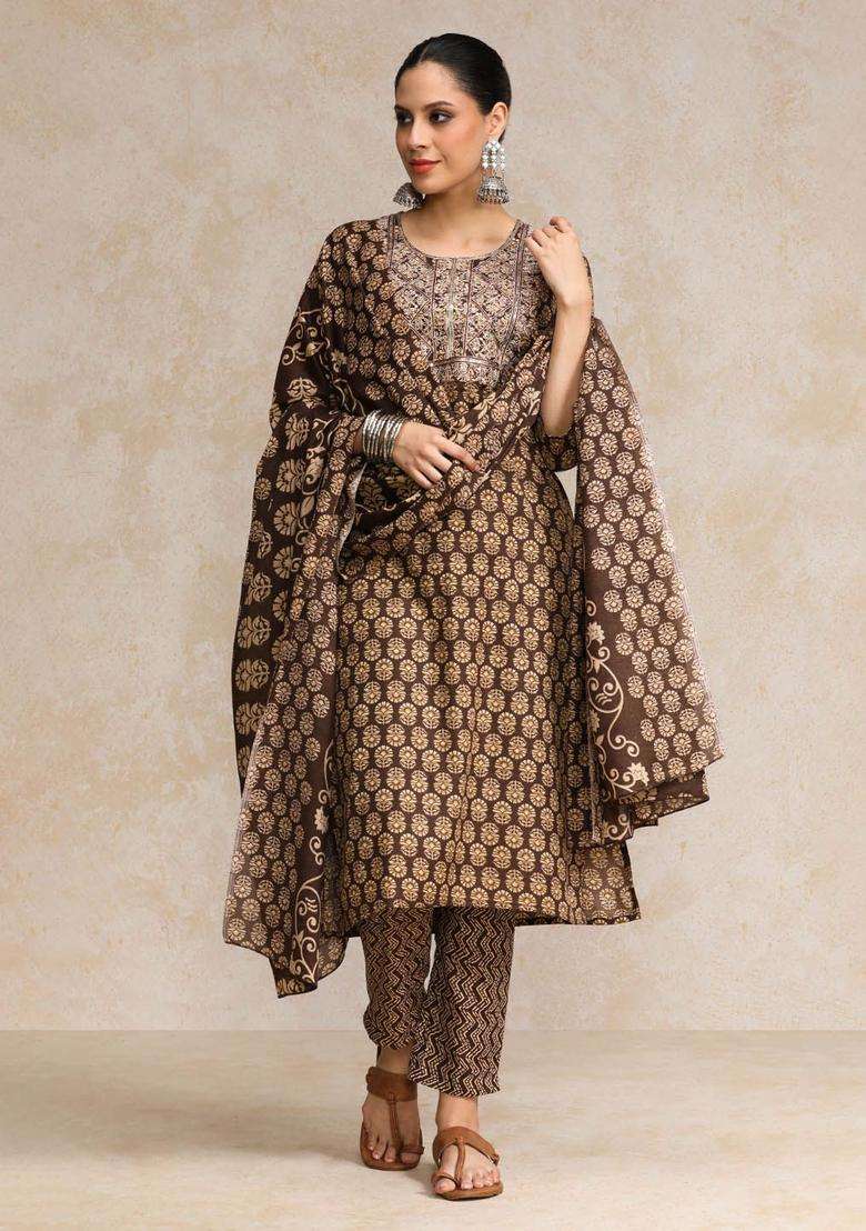 Brown Printed Cotton Kurta Set - Indya