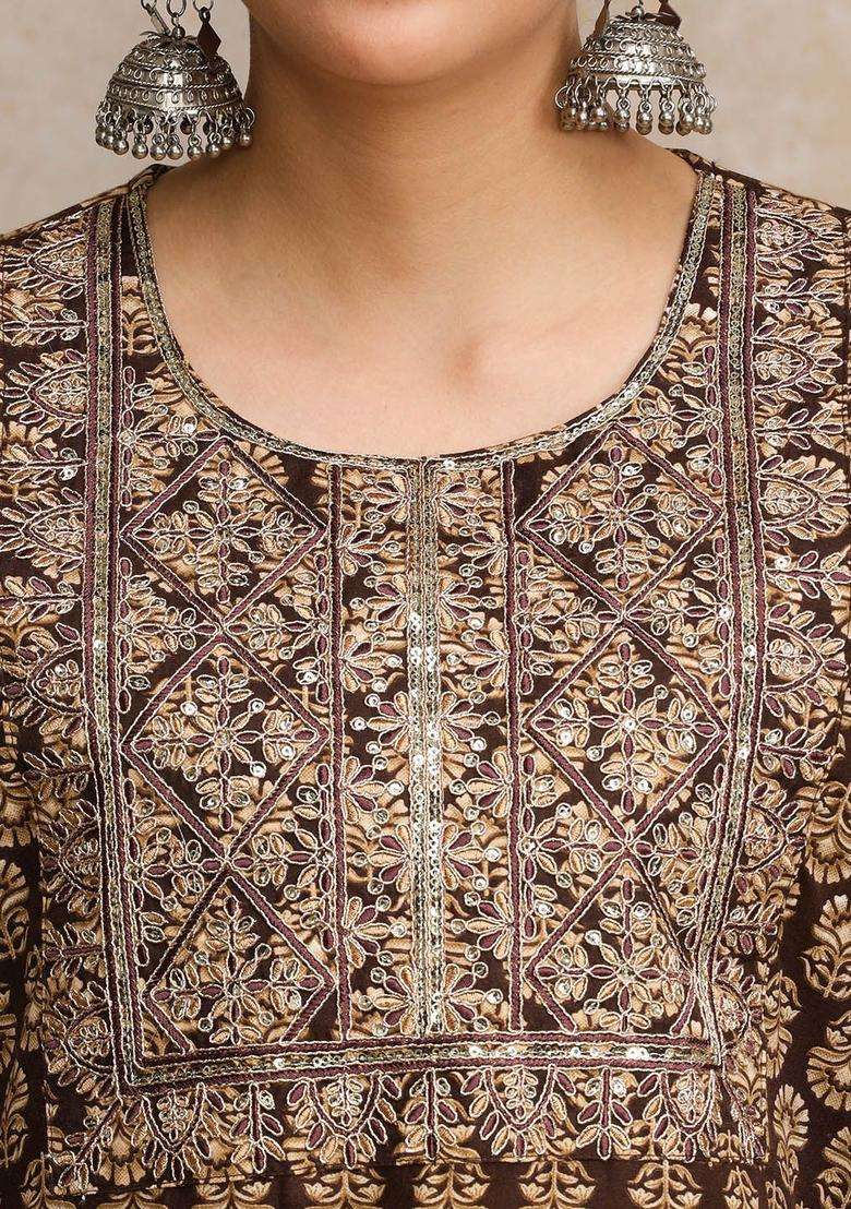 Brown Printed Cotton Kurta Set - Indya