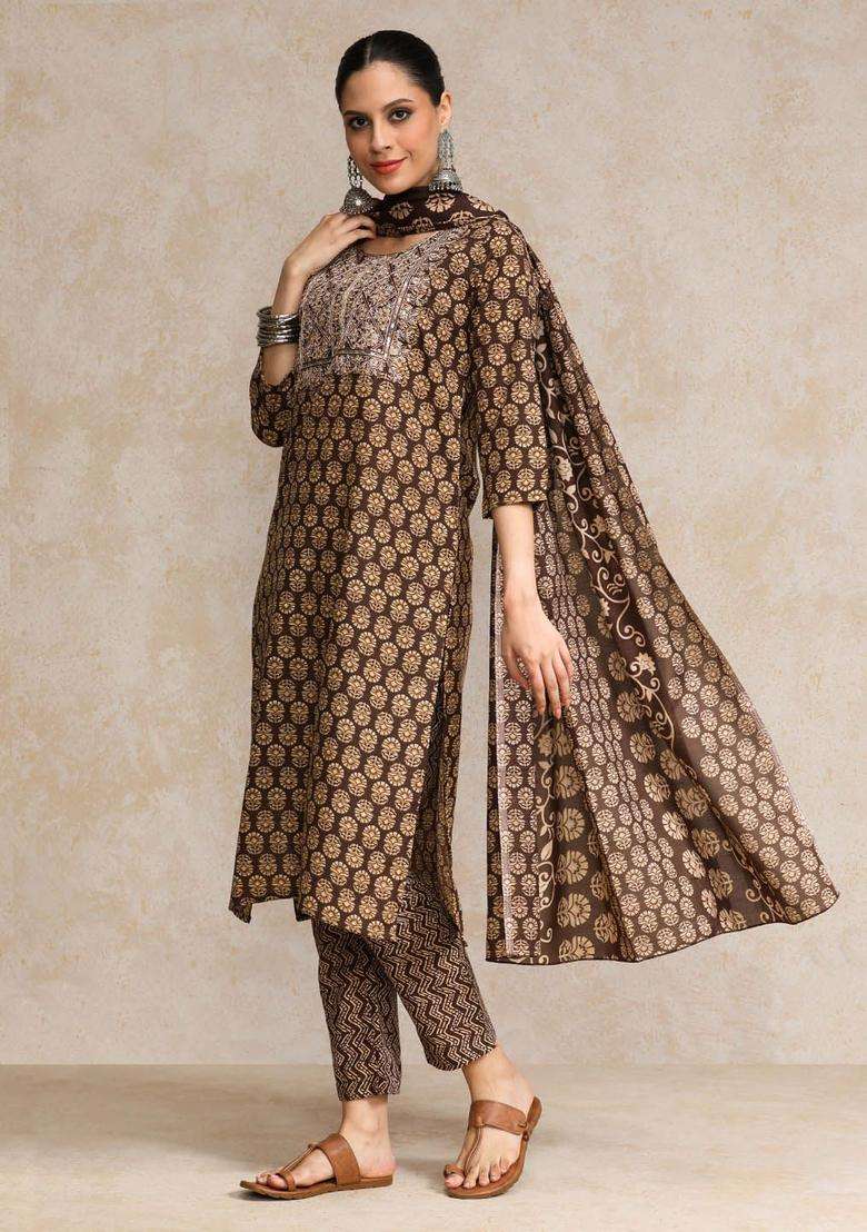 Brown Printed Cotton Kurta Set - Indya