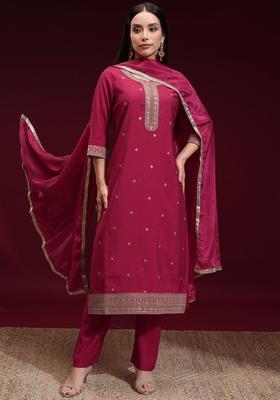 Red Embroidered Chinon Kurta Set