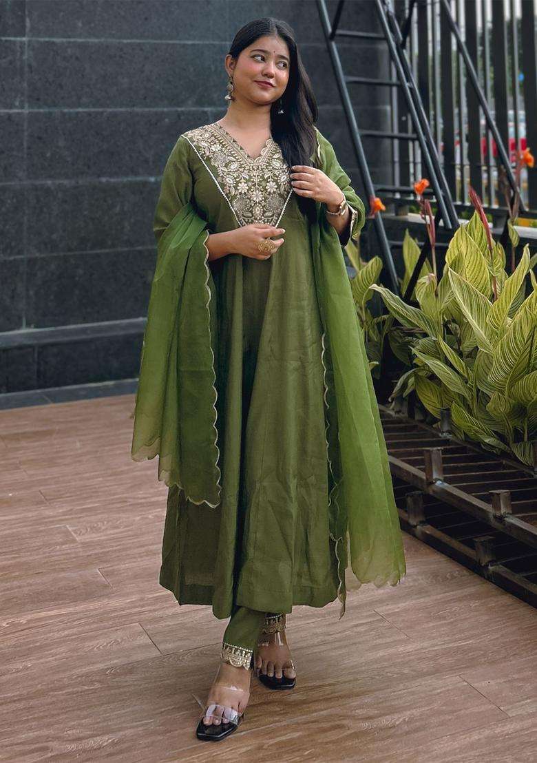 Olive Embroidered Silk Blend Anarkali Set - Indya