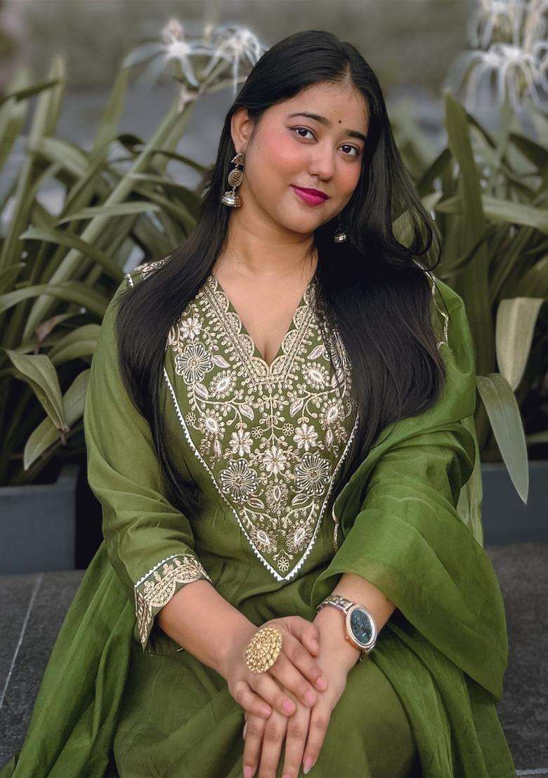 Olive Embroidered Silk Blend Anarkali Set - Indya