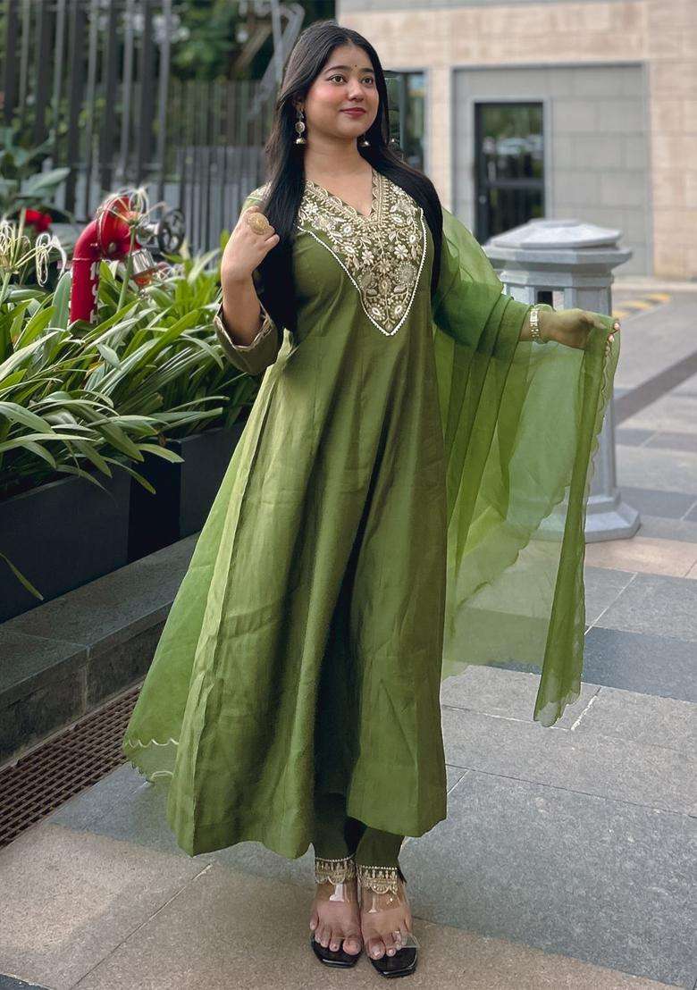 Olive Embroidered Silk Blend Anarkali Set - Indya