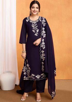 Navy Blue Embroidered Silk Kurta Set