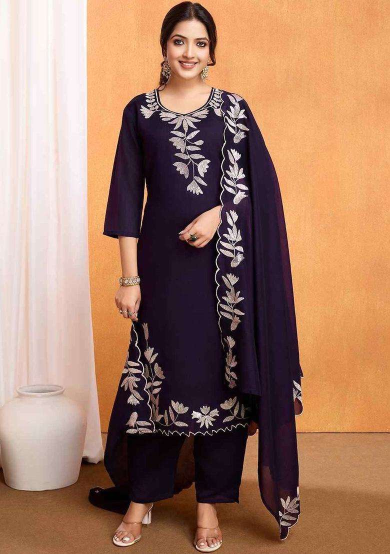 Navy Blue Embroidered Silk Blend Kurta Set - Indya