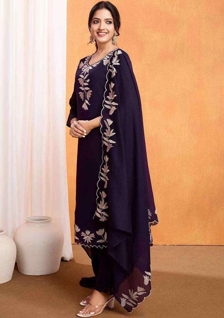 Navy Blue Embroidered Silk Blend Kurta Set - Indya