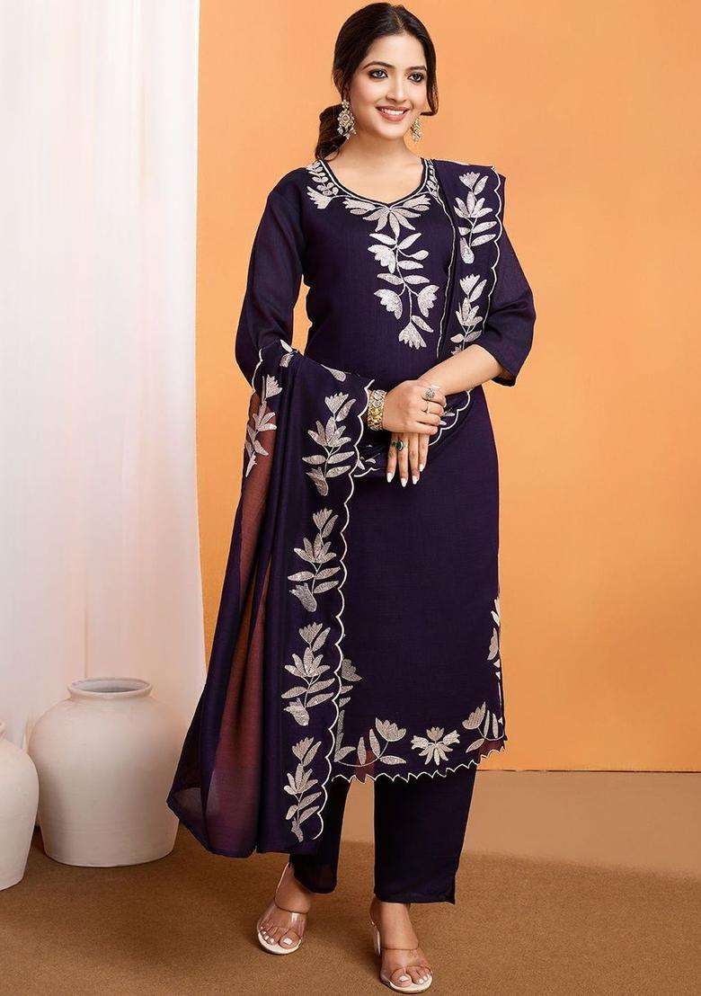 Navy Blue Embroidered Silk Blend Kurta Set - Indya