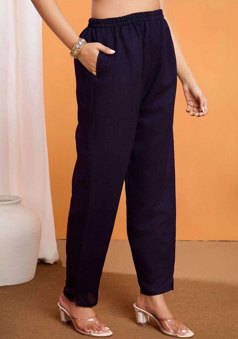 Navy Blue Embroidered Silk Blend Kurta Set - Indya