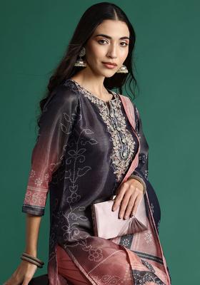 Navy Blue Printed Silk Blend Kurta Set