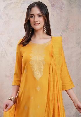 Yellow Printed Polyester Kurta Set