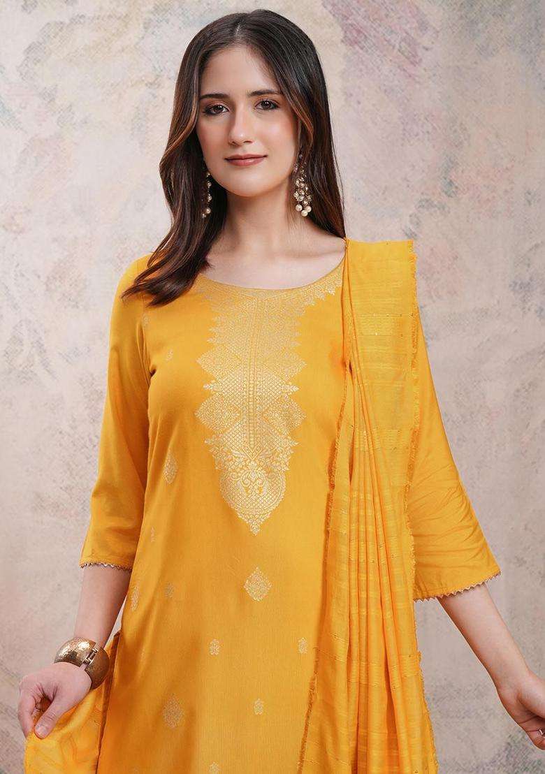 Yellow Printed Polyester Kurta Set - Indya