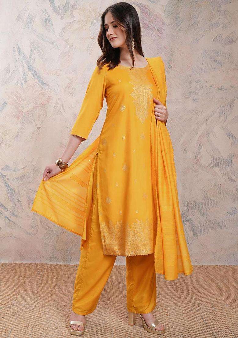 Yellow Printed Polyester Kurta Set - Indya